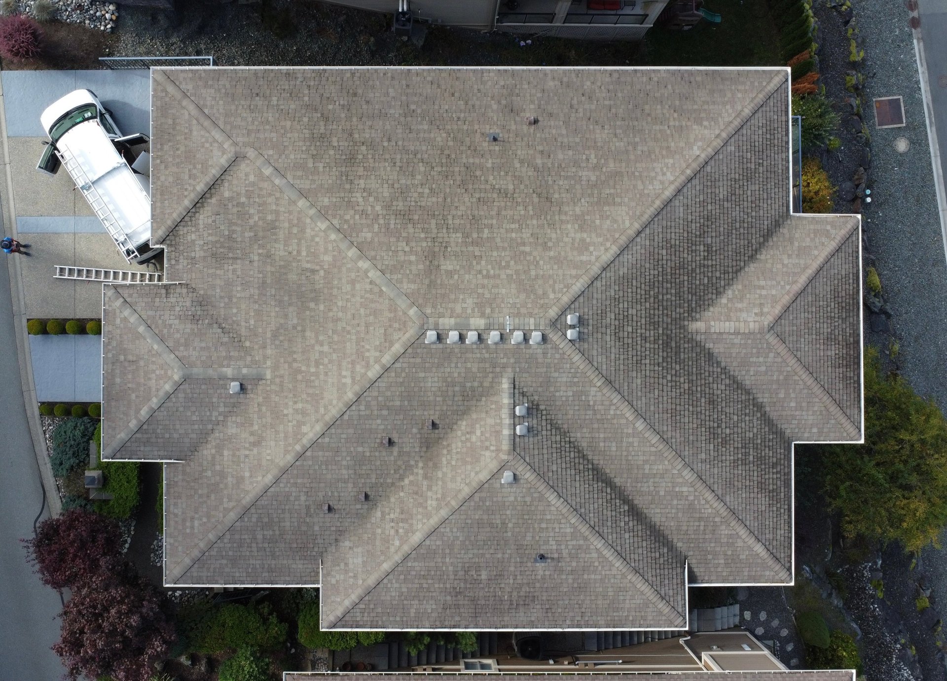 GoNano roof rejuvenation being applied to an asphalt shingle roof in Chilliwack BC, showing treated and untreated sections